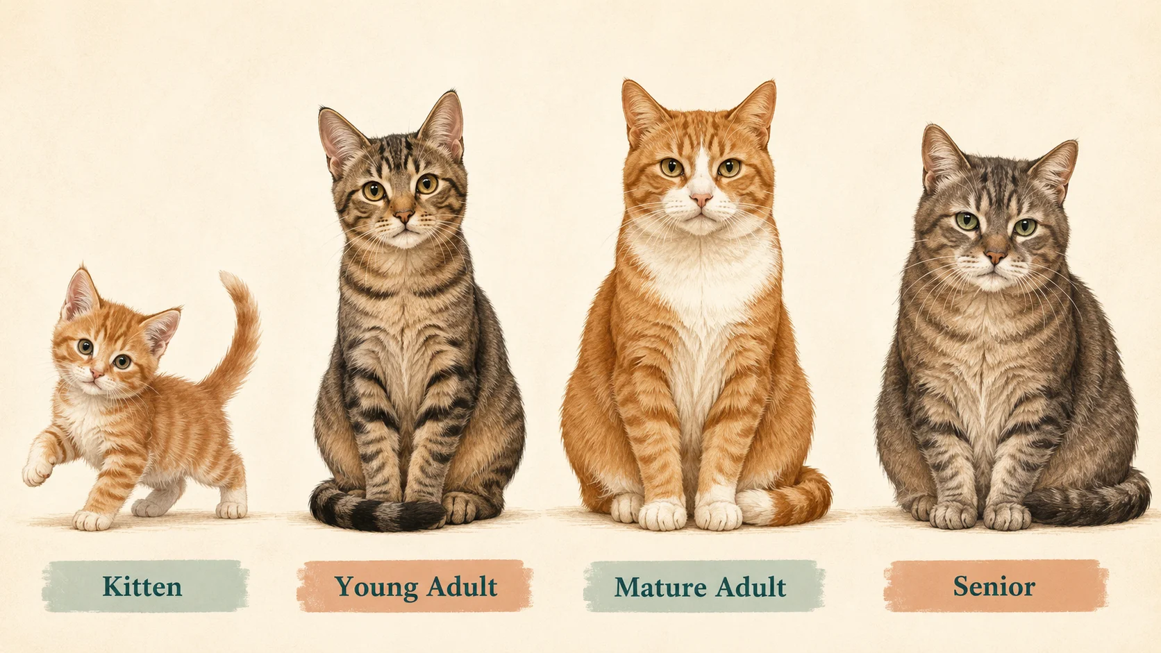 Cat Age Calculator illustration showing kitten, young adult, mature adult and senior feline life stages