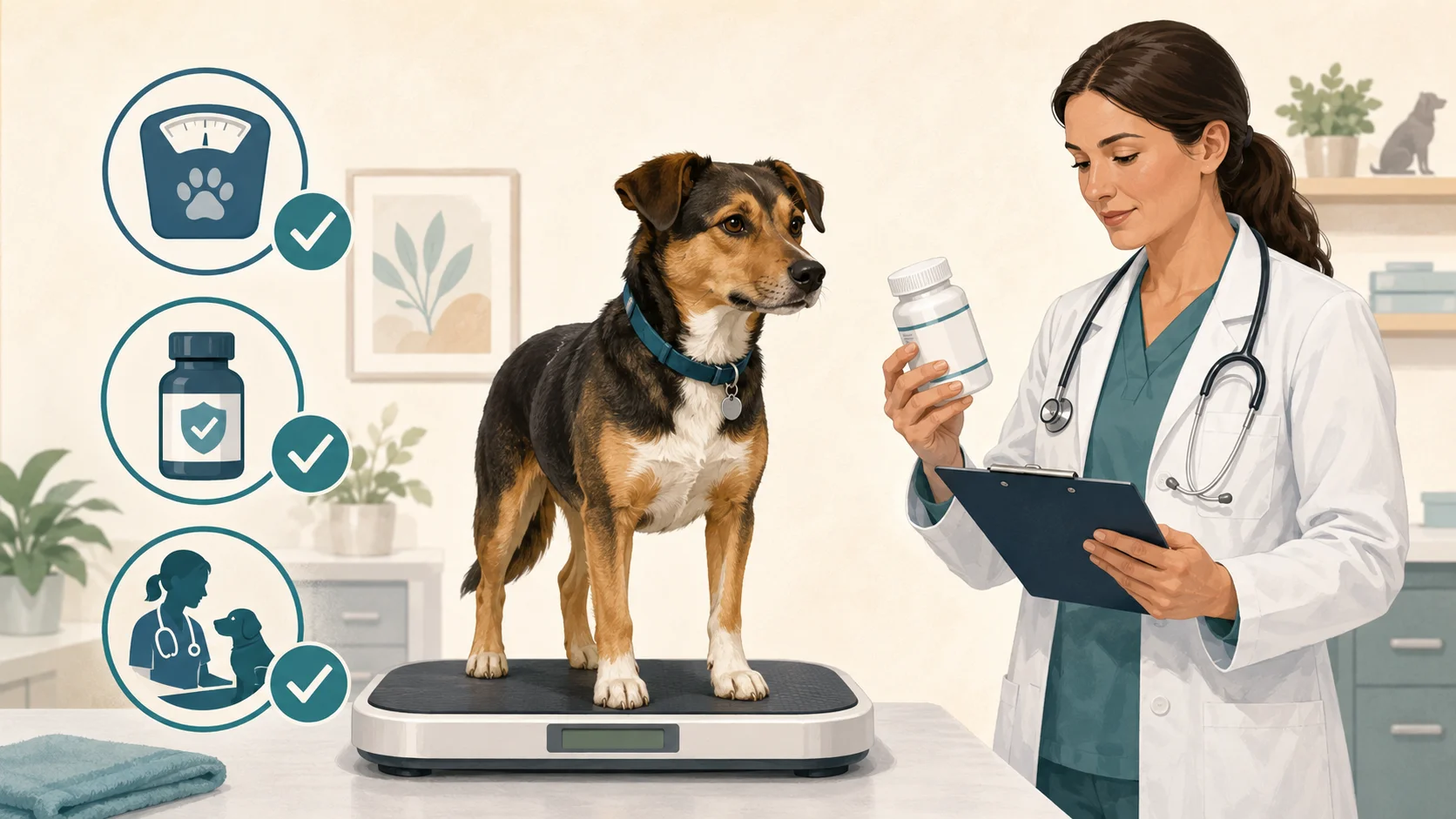 Benadryl Dosage Calculator for Dogs safety illustration showing weight, label and veterinary checks