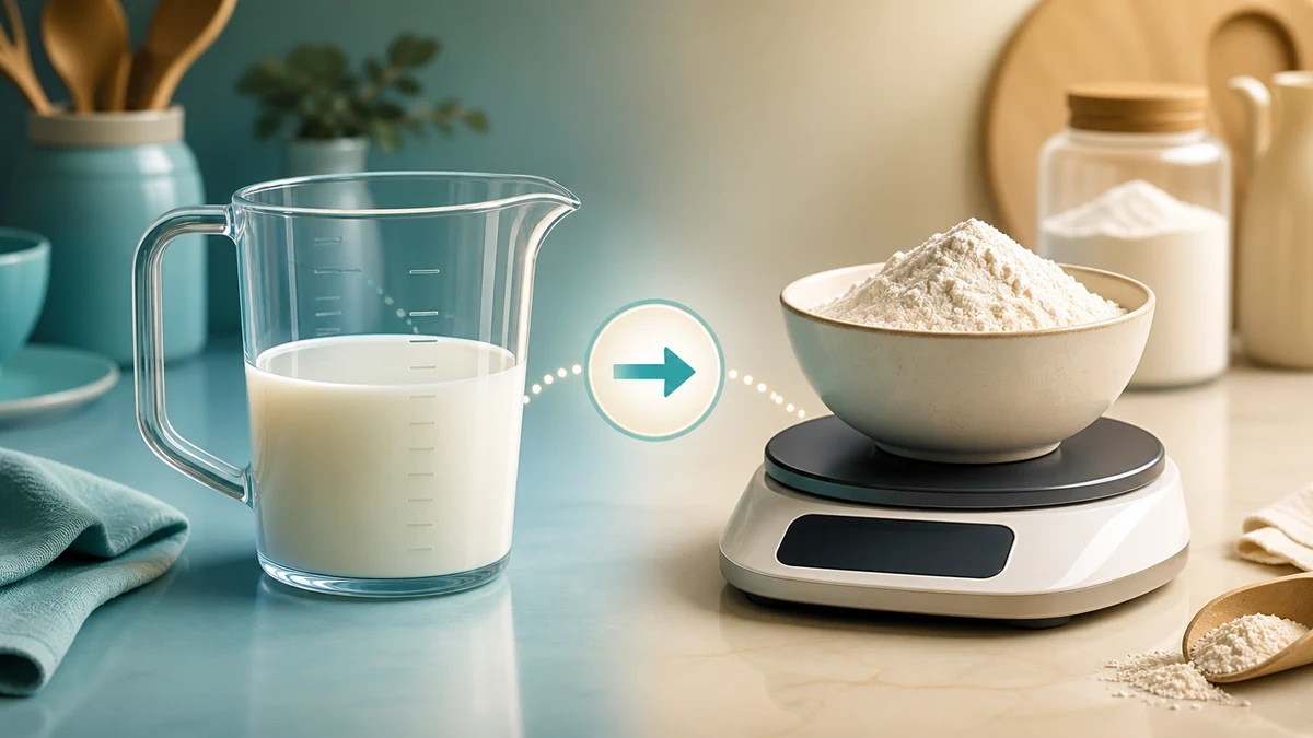mL to grams converter visual with measuring jug and kitchen scale