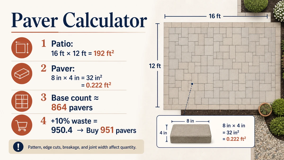 Paver Calculator infographic estimating pavers for a 16 by 12 foot patio