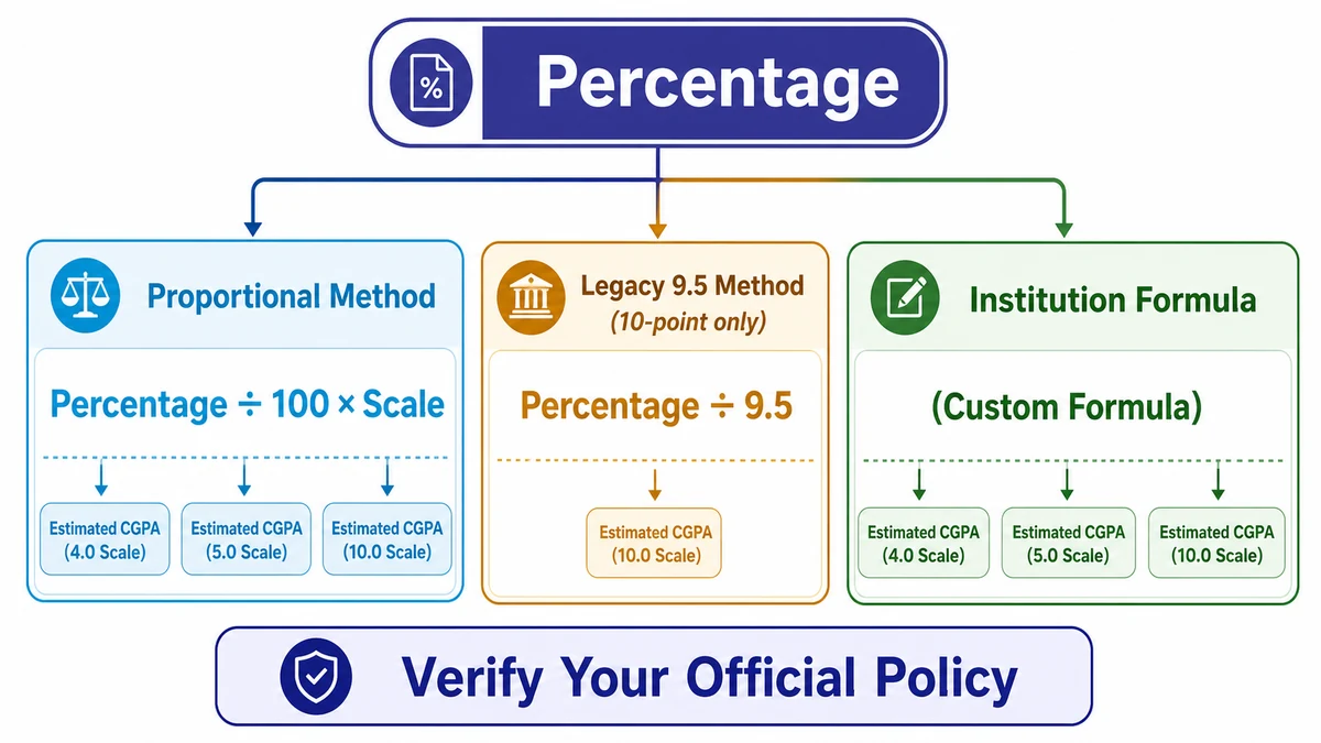 Percentage to CGPA calculator infographic comparing proportional, legacy division by 9.5, and institutional formulas