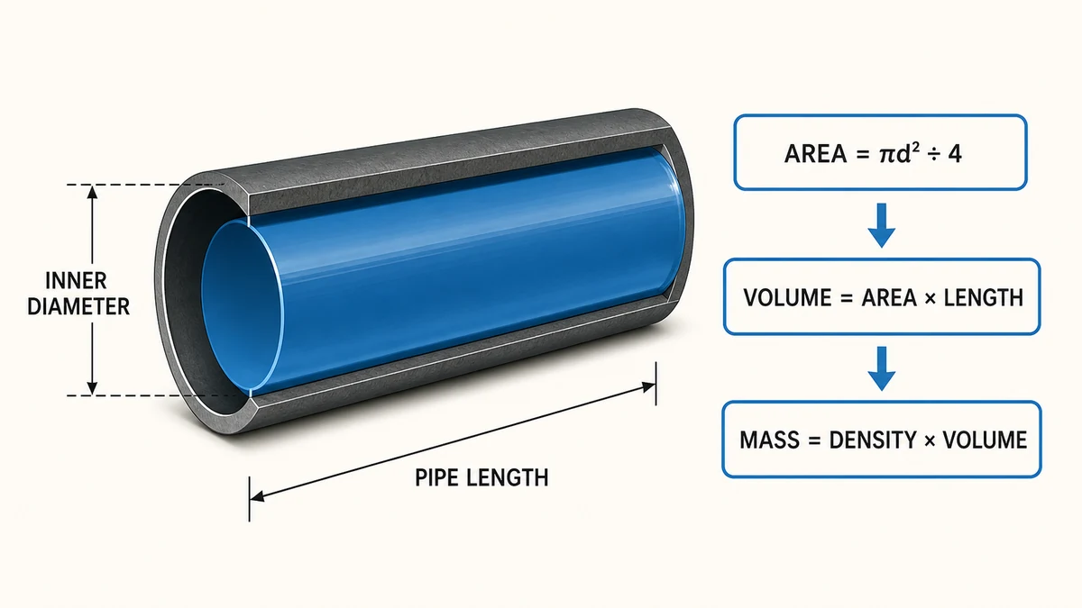 Pipe volume calculator diagram showing inner diameter, pipe length, circular area and volume formula
