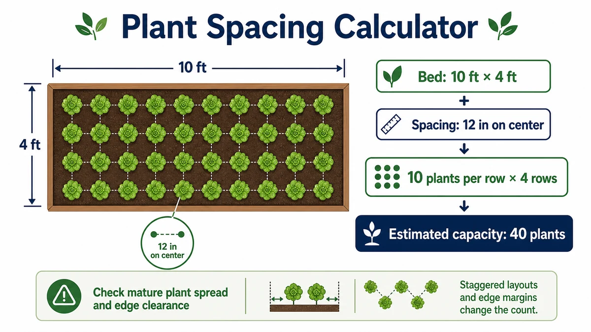 Plant Spacing Calculator infographic showing a 10 by 4 foot bed with 12 inch spacing