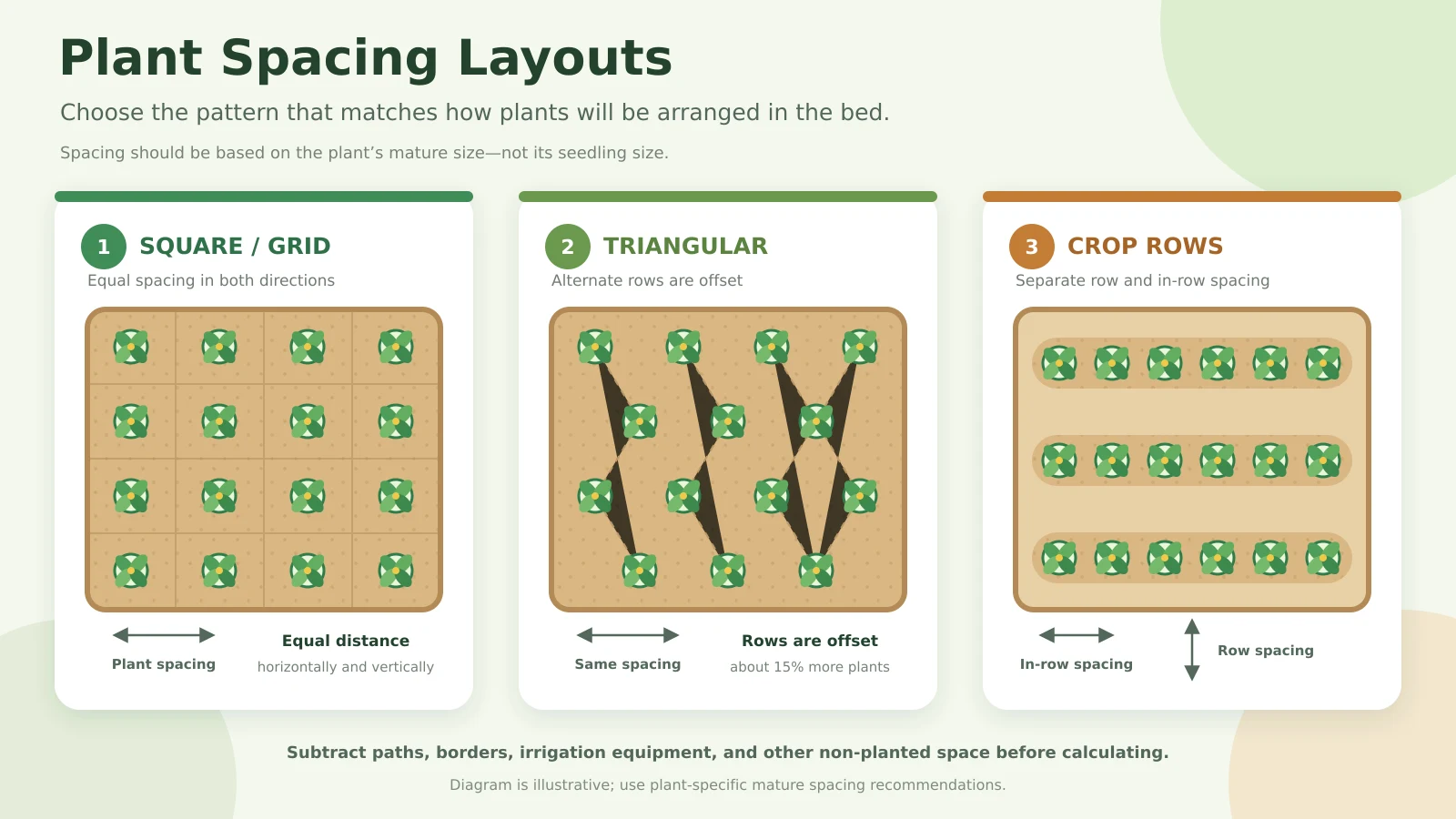 Plant spacing layouts comparing square grid, triangular staggered, and crop-row planting patterns