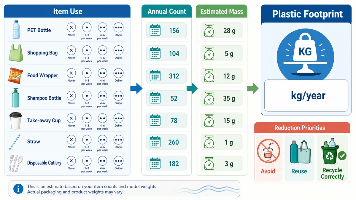 Plastic footprint diagram converting household item use into annual counts, estimated mass and kilograms per year
