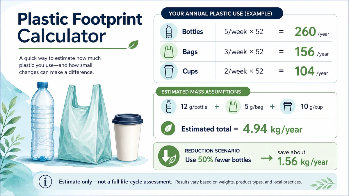 Plastic Footprint Calculator infographic estimating annual bottles bags and cups
