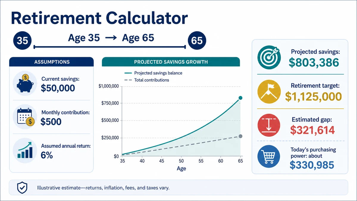 Retirement Calculator infographic showing projected savings, retirement target, and estimated gap