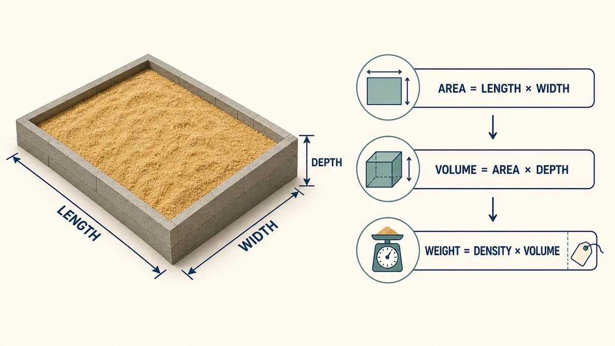 Sand calculator diagram showing length, width and depth used to calculate area, volume and weight