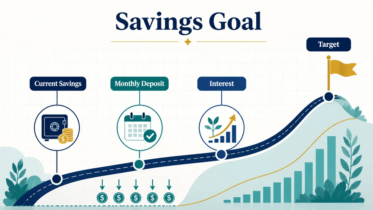 Savings Goal Calculator visual guide showing key inputs and results