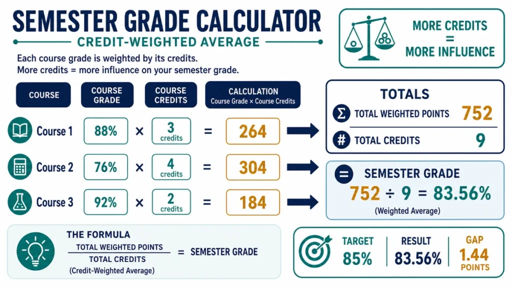 Semester grade calculator infographic showing course grades, course credits, and a weighted semester average