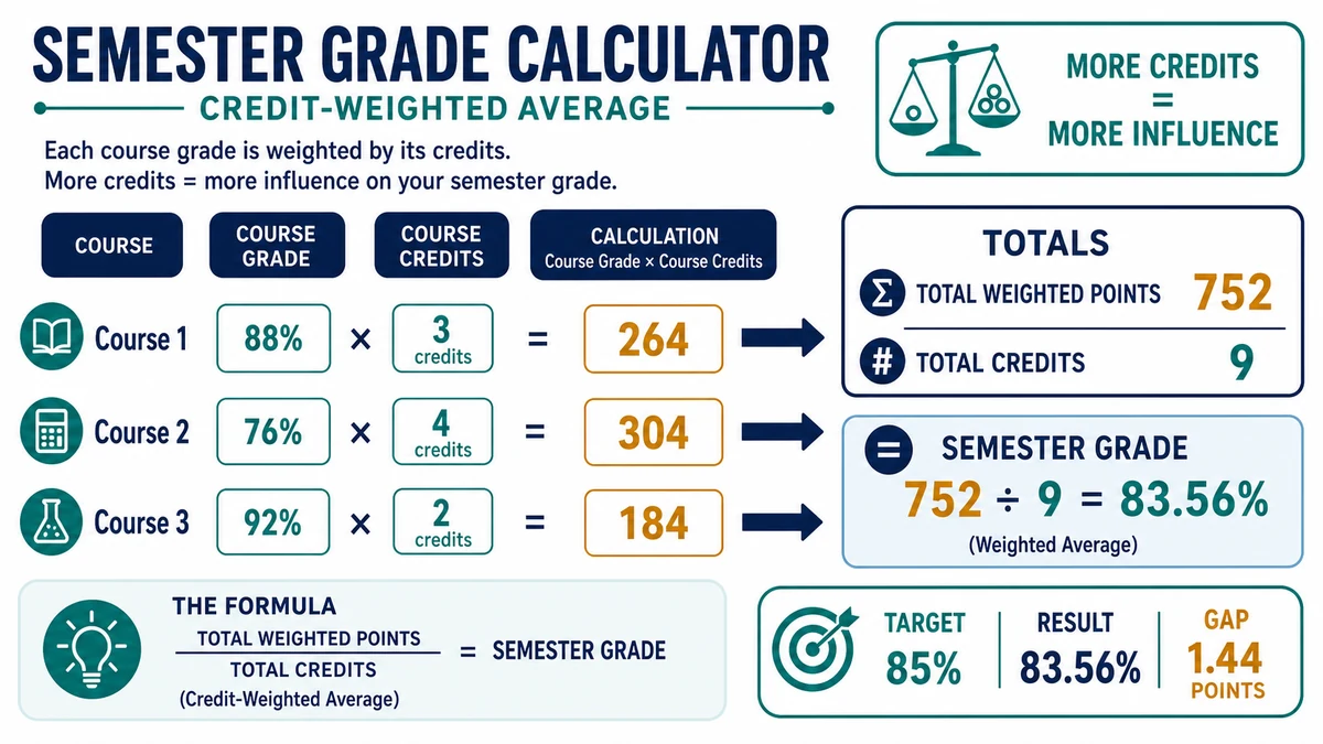 Semester grade calculator infographic showing course grades, course credits, and a weighted semester average