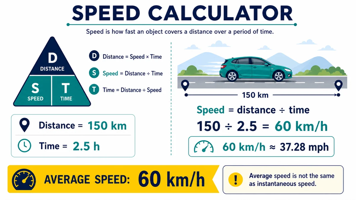 Speed calculator example showing 150 kilometers in 2.5 hours equals 60 kilometers per hour