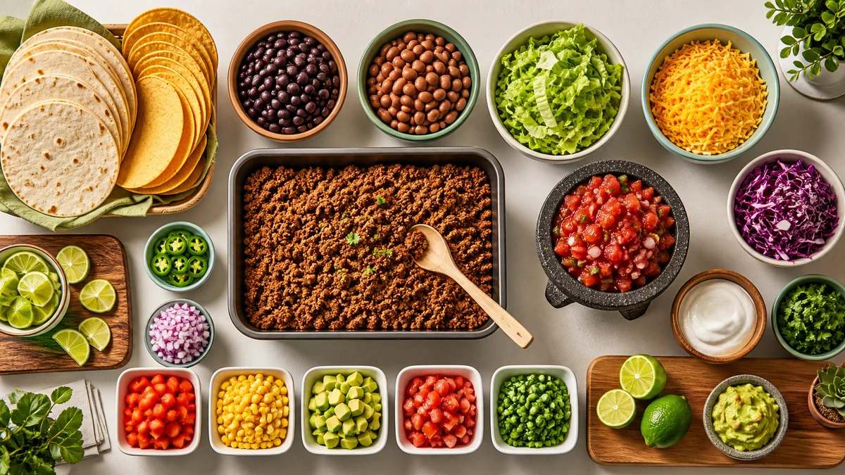 Taco bar calculator visual with organized tortillas, fillings and toppings