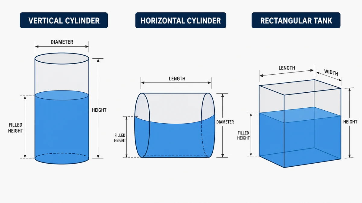 Tank volume diagram showing vertical cylinder, horizontal cylinder, and rectangular tank dimensions with filled height