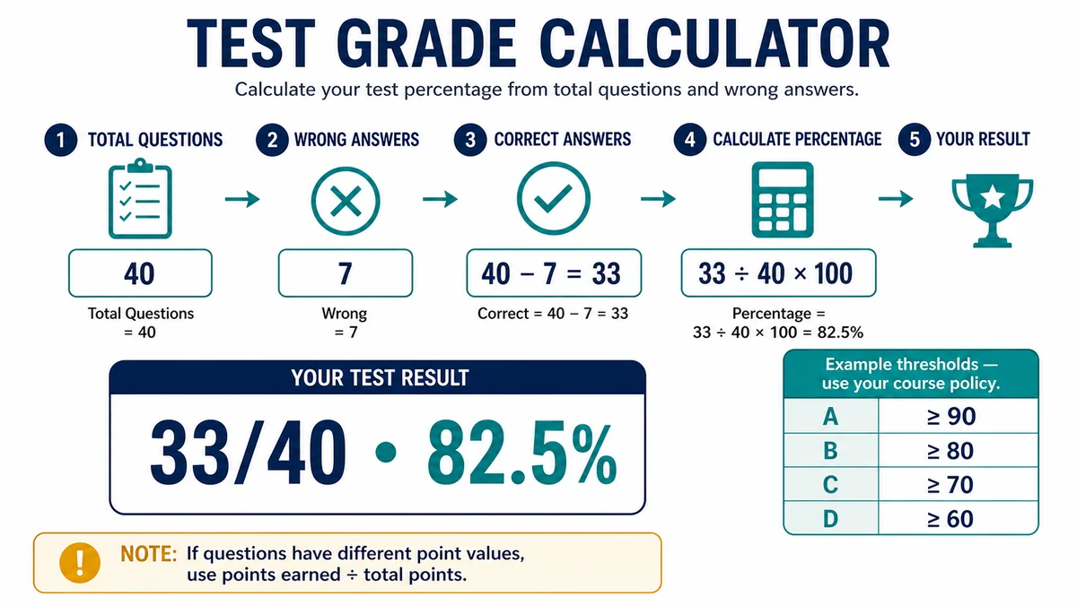 Test grade calculator infographic showing total questions, wrong answers, correct answers, and percentage