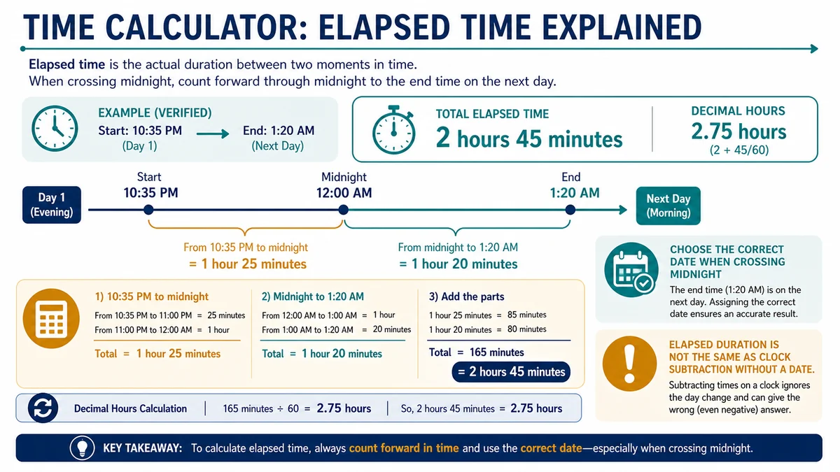 Time calculator example finding 2 hours 45 minutes between 10 35 PM and 1 20 AM