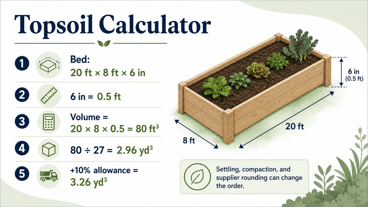 Topsoil Calculator infographic for a 20 by 8 foot garden bed with 6 inch depth