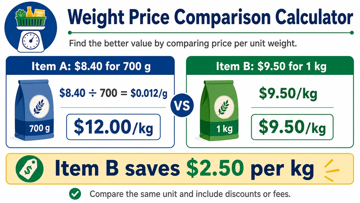 Weight price comparison calculator showing item B saves 2 dollars 50 cents per kilogram