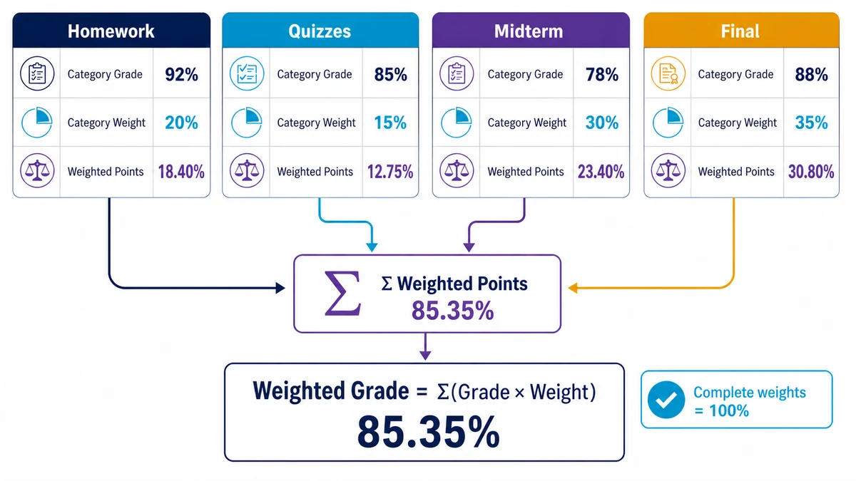 Weighted grade calculator infographic showing category grades, weights, and weighted points